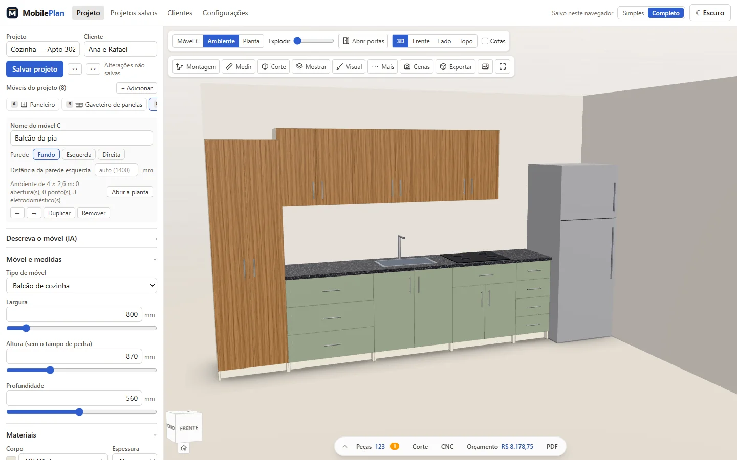 MobilePlan screen with a custom kitchen in 3D: pantry tower and freijó wall cabinets, sage-green base cabinets with a stone top, sink and cooktop, and the dimensions form beside it.