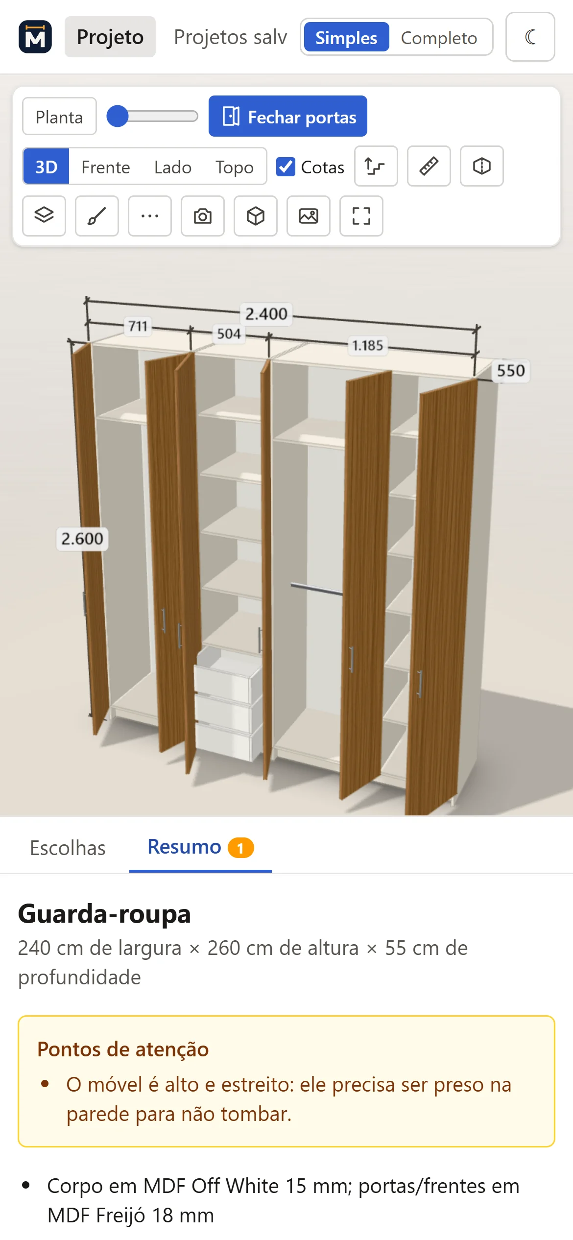 MobilePlan on a phone, Simple mode: a freijó wardrobe with its doors open and a summary of things to watch.
