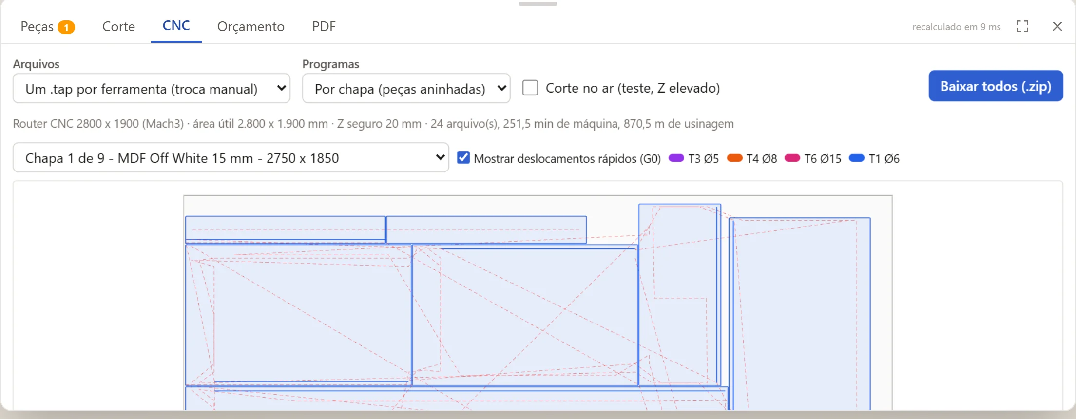 MobilePlan CNC tab with the bit toolpaths on sheet 1 of 9, tools and machine time.