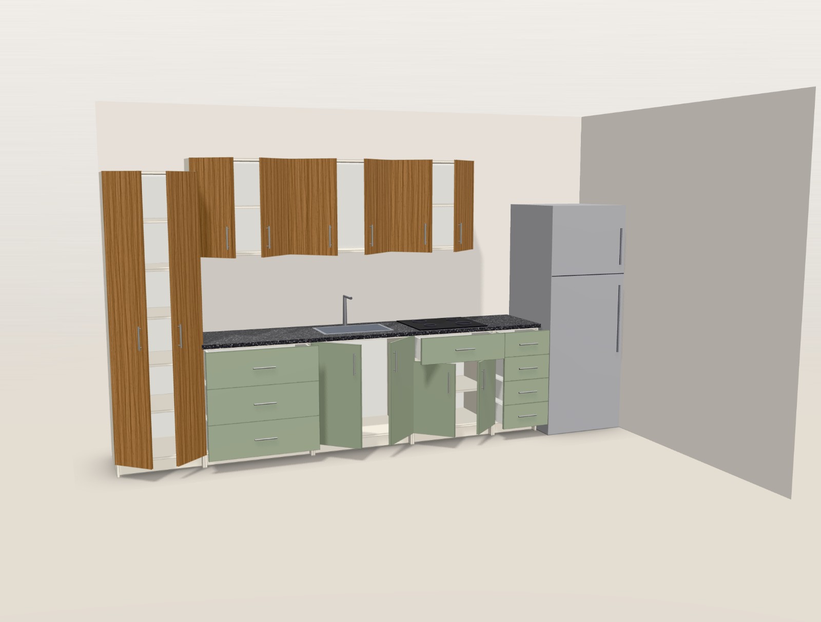 3D kitchen with doors and drawers open showing shelves and drawer boxes.