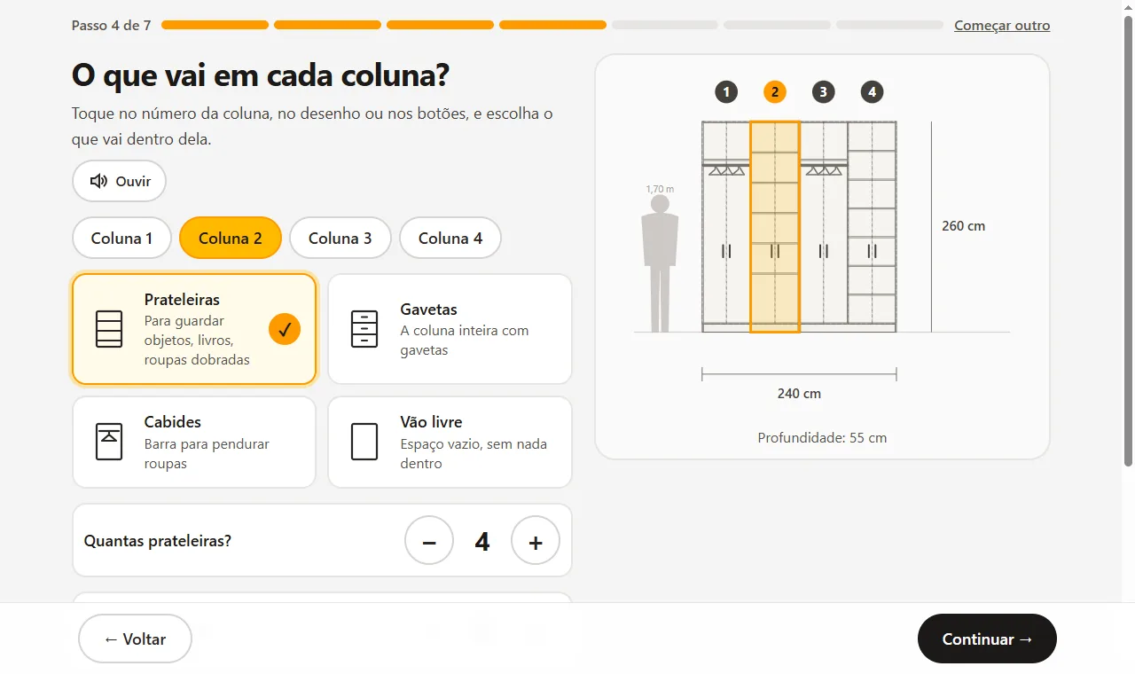 Create from scratch wizard: the question 'What goes in each column?' with big buttons for shelves, drawers, hangers and open space, and the wardrobe drawing next to a 5 ft 7 in person.